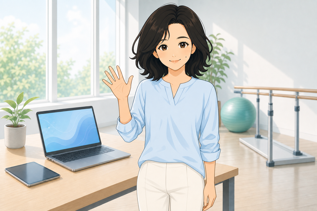 女性が手をふっているイラスト。