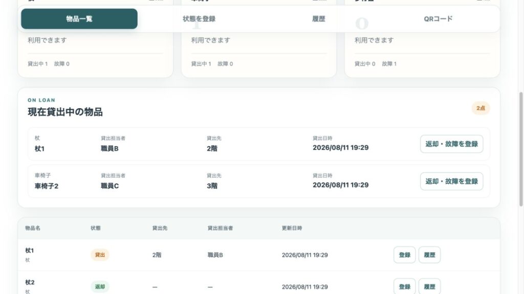 貸出中の物品、担当職員、貸出先、貸出日時を確認する画面