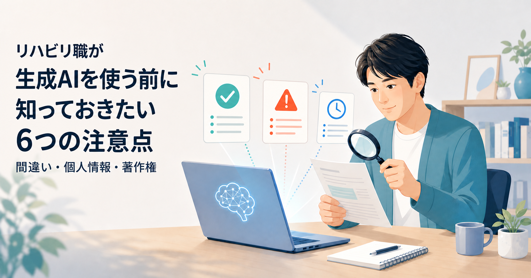 リハビリ職が生成AIを使う前に知っておきたい6つの注意点。間違い・個人情報・著作権。AIの回答を資料と照らし合わせて確認する人物のイラスト。