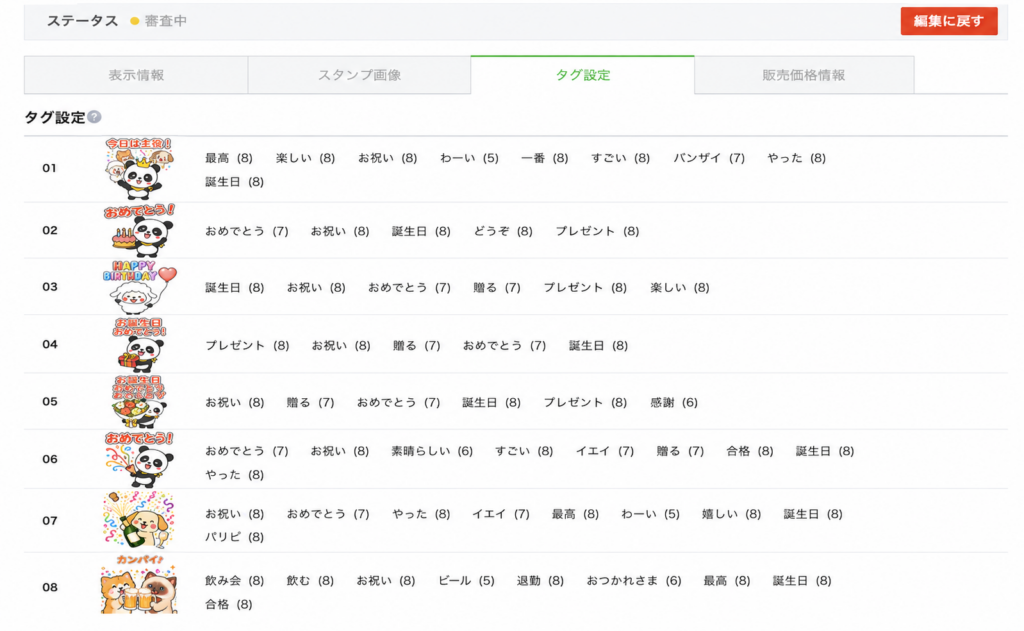 LINE Creators Marketで、各スタンプに「誕生日」や「お祝い」などのタグを設定した画面